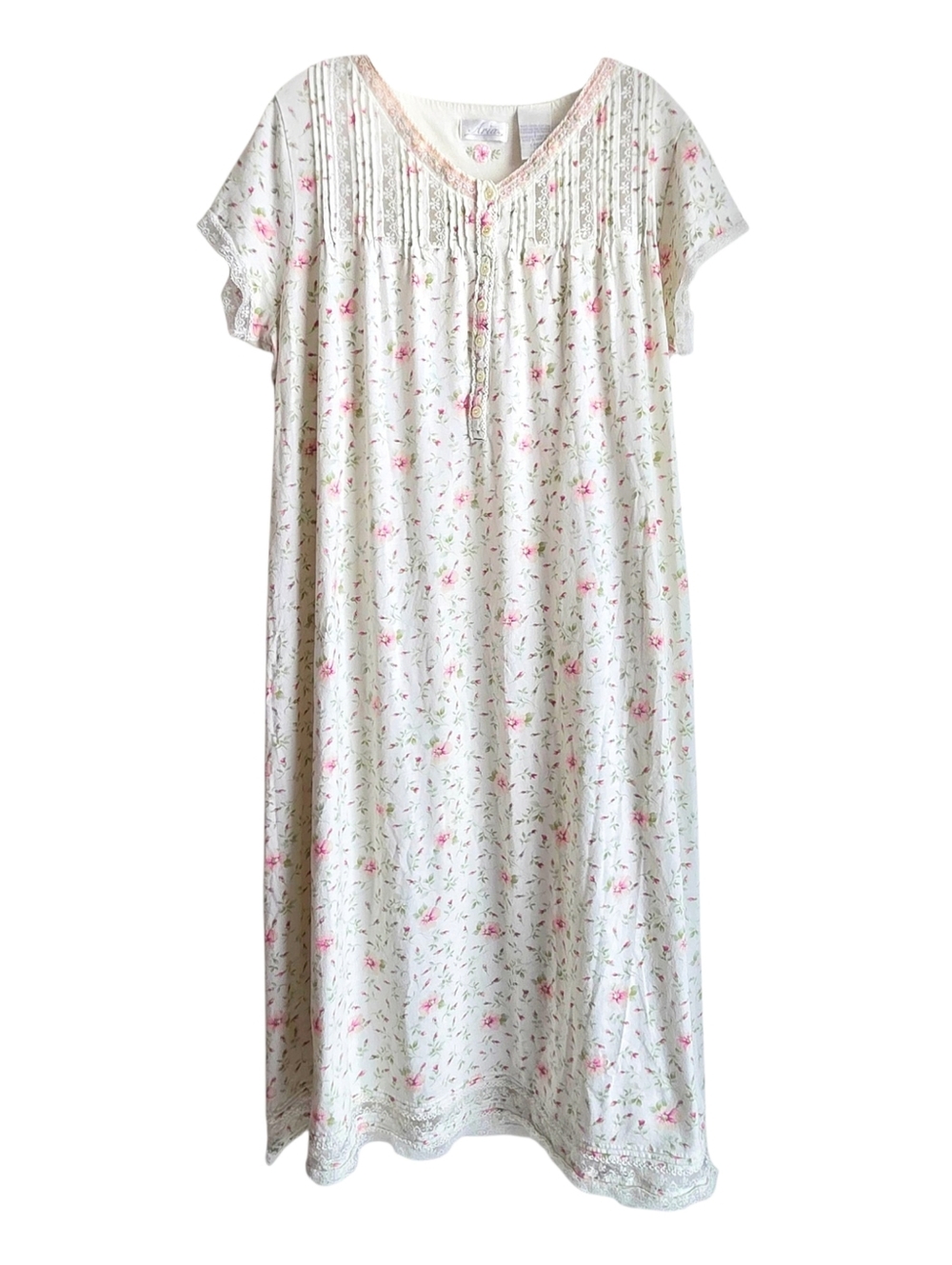Vintage 90s Aria cotton night gown midi length short sleeve ivory floral pink